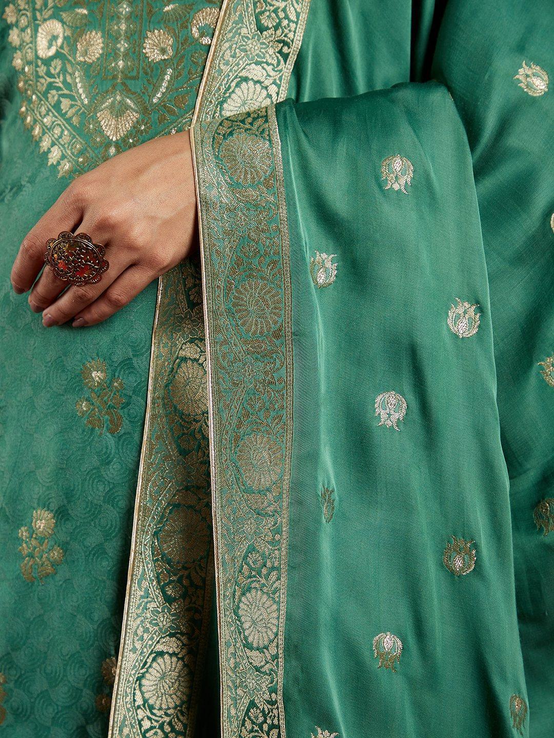 Libas Art Green Woven Design Silk Straight Suit With Dupatta - Libas 