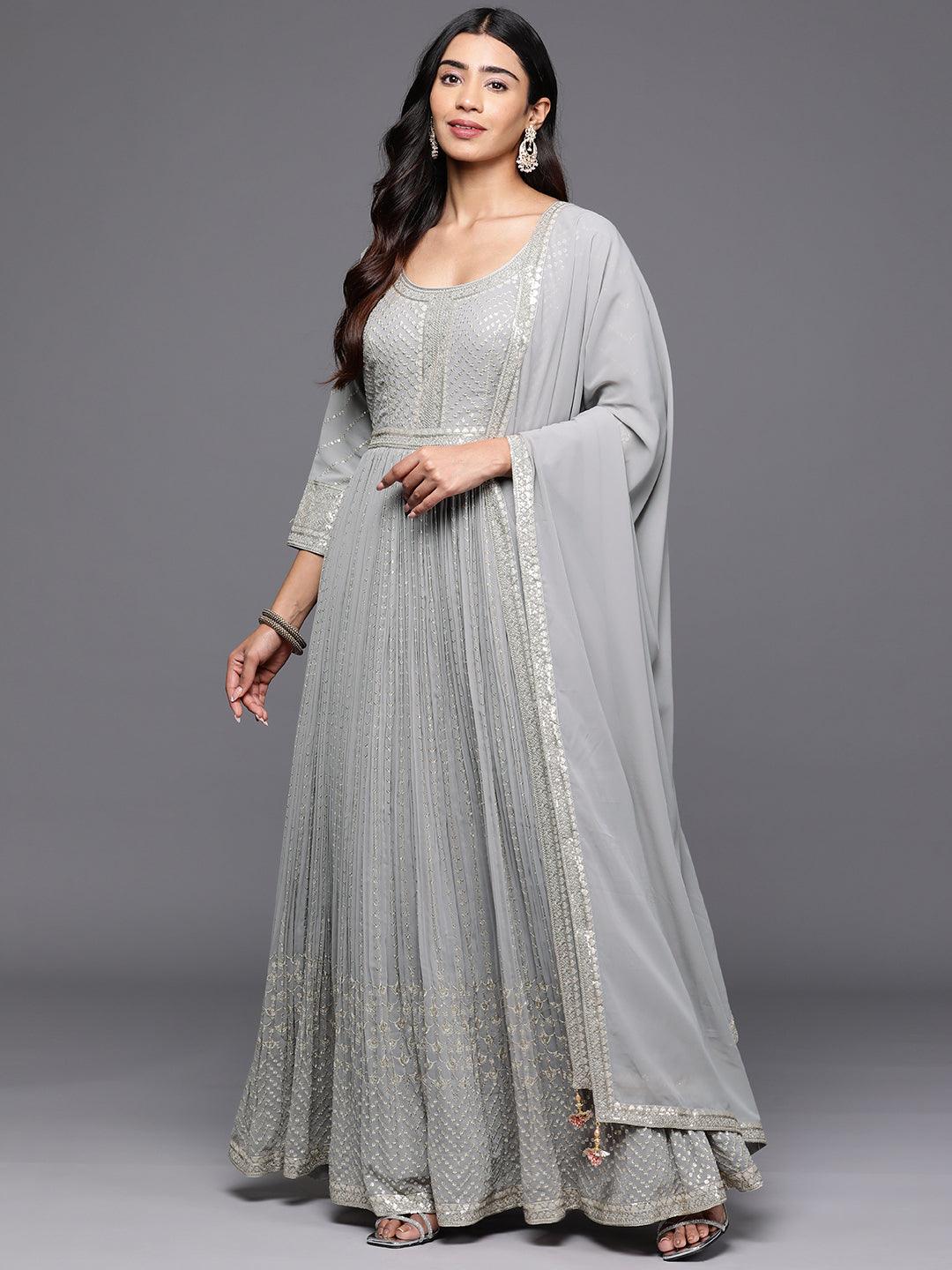 Libas Art Grey Embroidered Georgette Anarkali Kurta With Trousers & Dupatta - Libas 