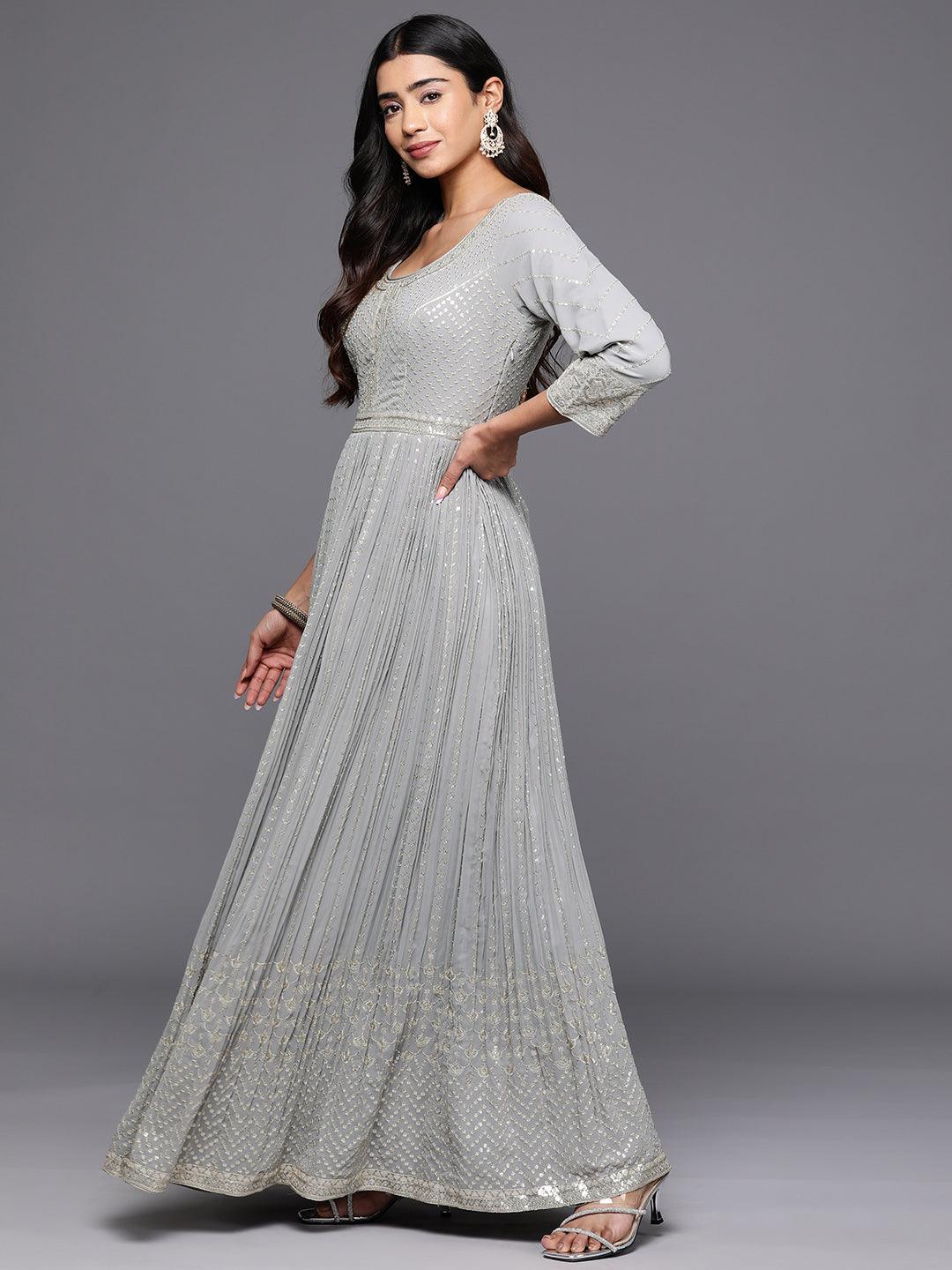 Libas Art Grey Embroidered Georgette Anarkali Kurta With Trousers & Dupatta - Libas 