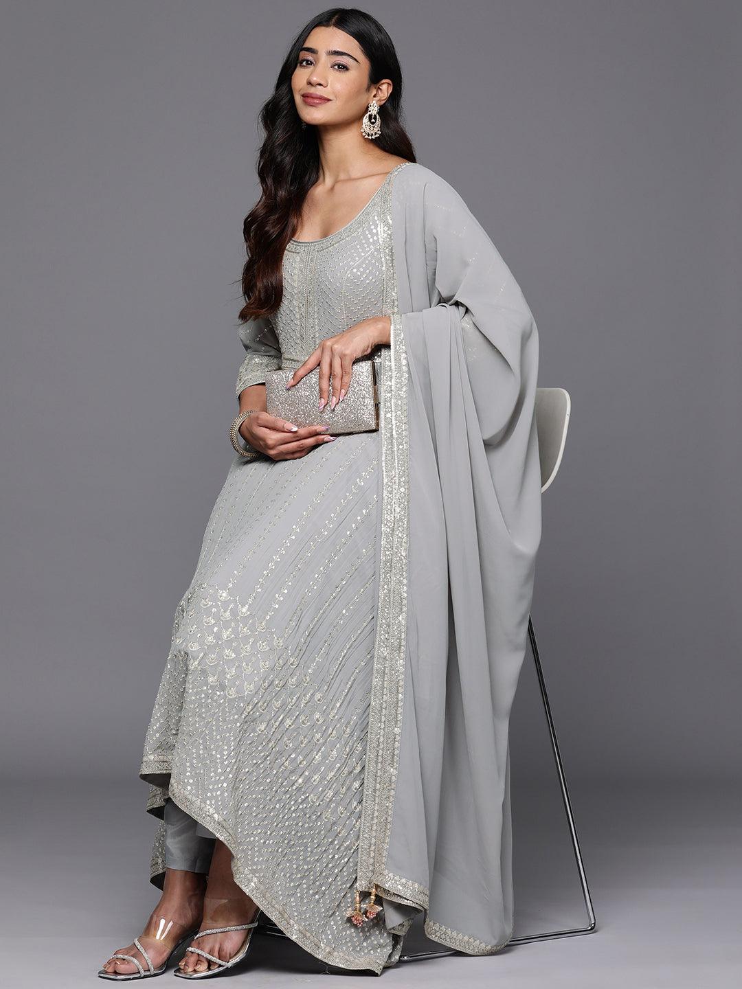 Libas Art Grey Embroidered Georgette Anarkali Kurta With Trousers & Dupatta - Libas 