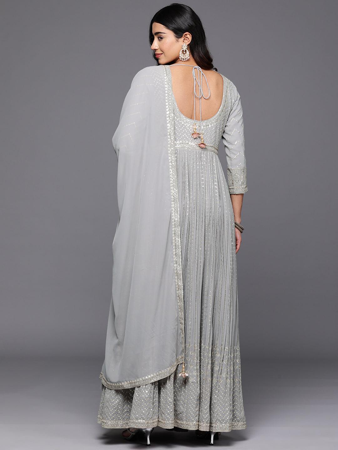 Libas Art Grey Embroidered Georgette Anarkali Kurta With Trousers & Dupatta - Libas