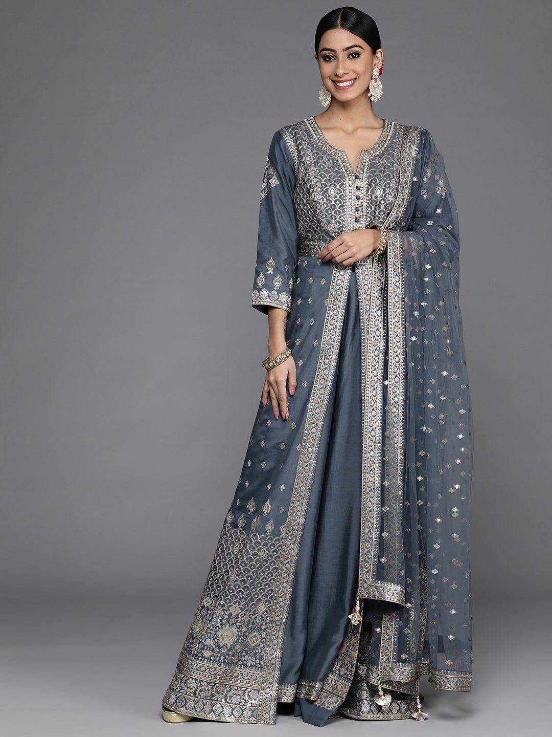 Libas Art Grey Embroidered Silk Anarkali Suit Set - Libas