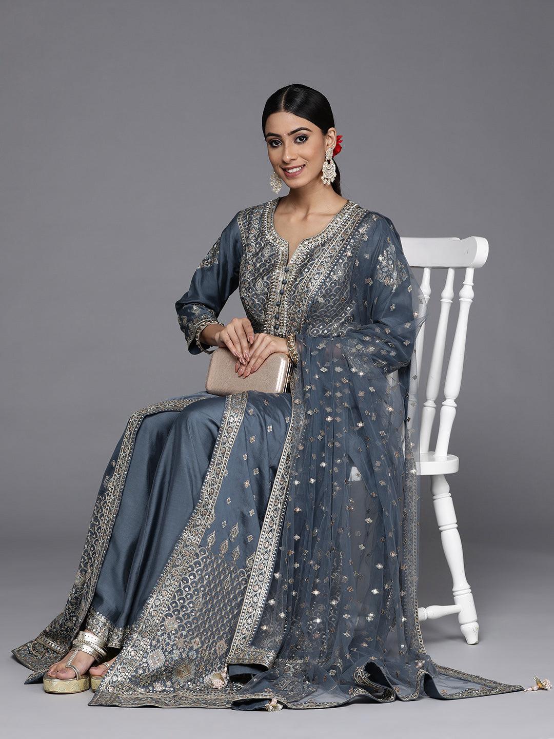 Libas Art Grey Embroidered Silk Anarkali Suit Set - Libas 