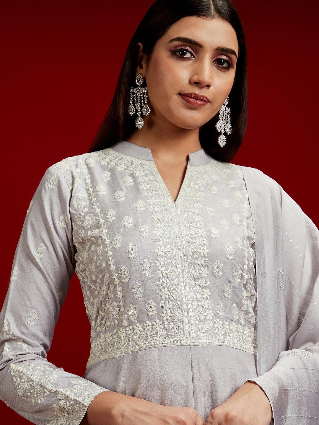 Libas Art Grey Embroidered Silk Blend A-Line Kurta With Trousers & Dupatta - Libas 