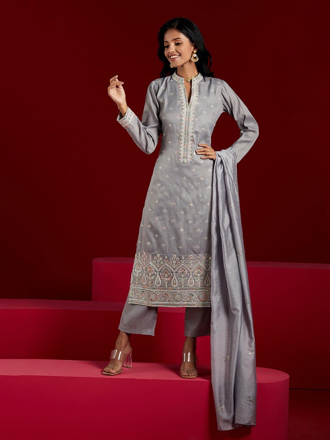 Libas Art Grey Embroidered Silk Blend Straight Kurta With Trousers & Dupatta - Libas