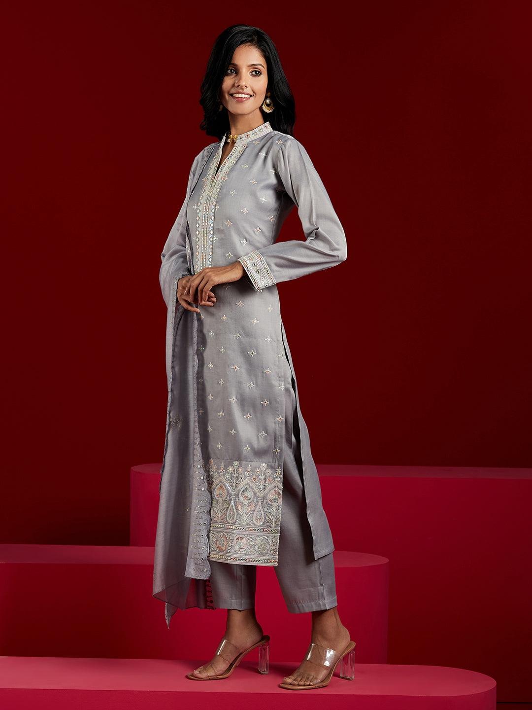 Libas Art Grey Embroidered Silk Blend Straight Kurta With Trousers & Dupatta - Libas 