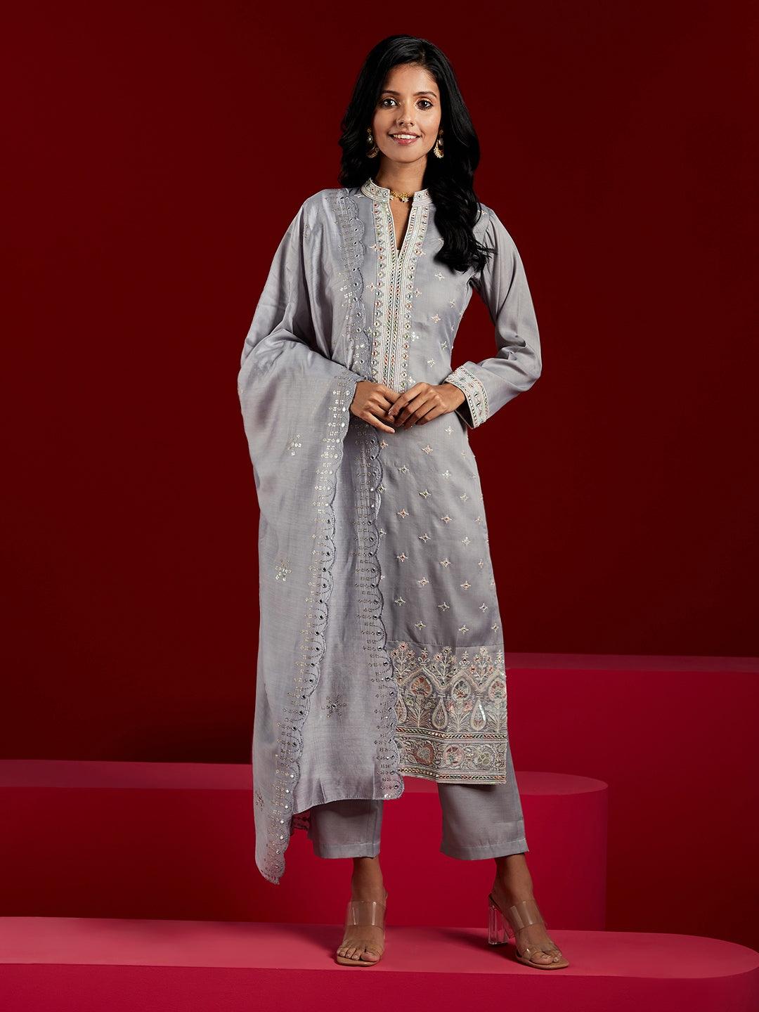 Libas Art Grey Embroidered Silk Blend Straight Kurta With Trousers & Dupatta - Libas 