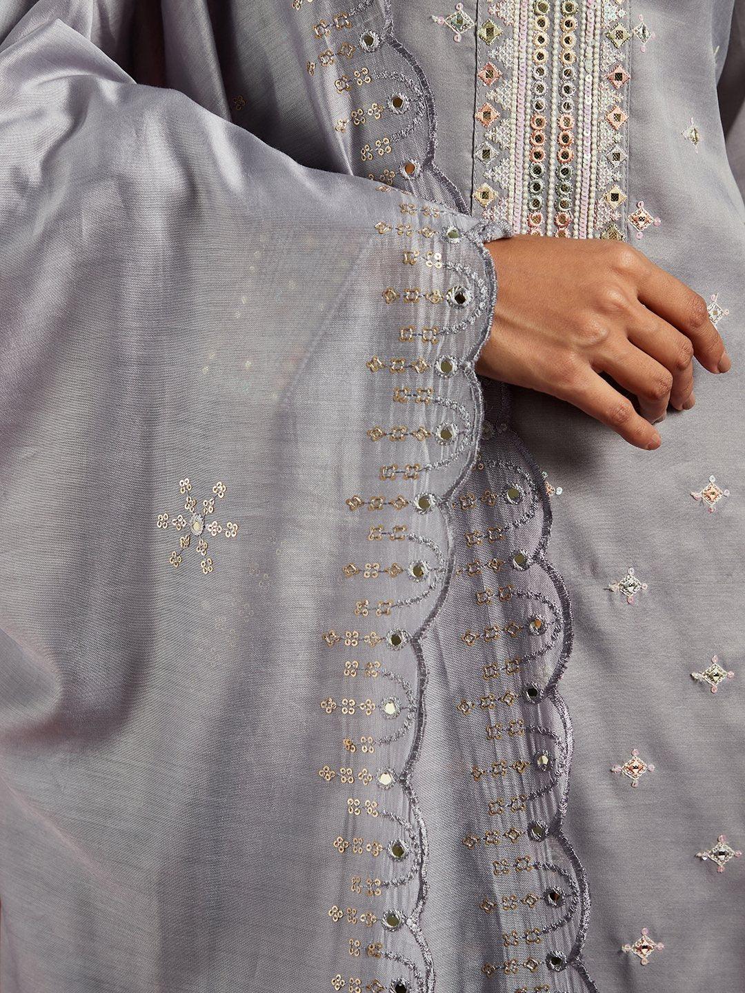 Libas Art Grey Embroidered Silk Blend Straight Kurta With Trousers & Dupatta - Libas 