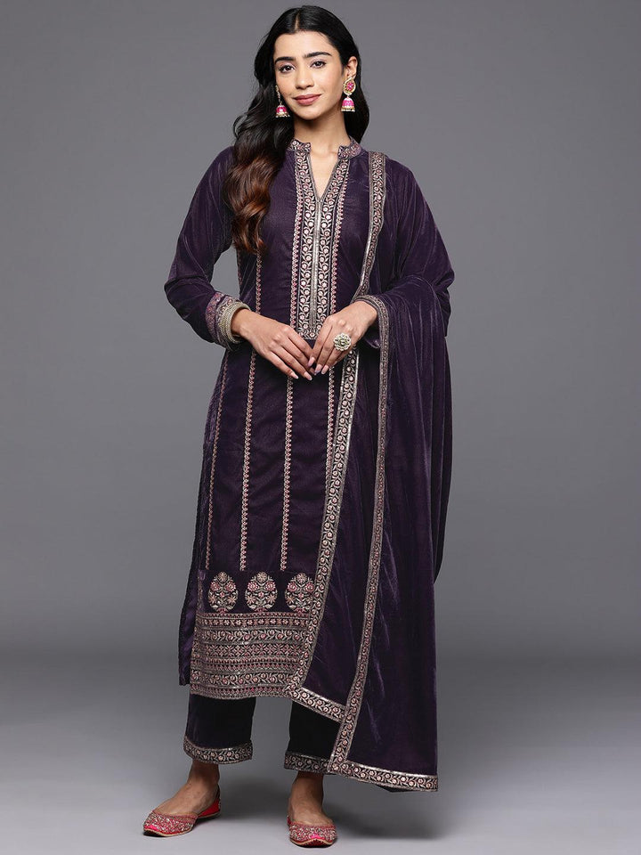 Libas Art Grey Embroidered Velvet Straight Kurta With Trousers & Dupatta - Libas