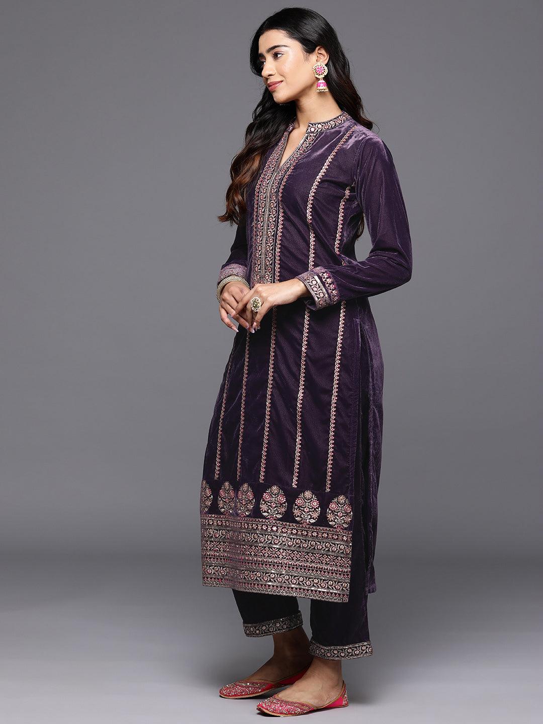 Libas Art Grey Embroidered Velvet Straight Kurta With Trousers & Dupatta - Libas 