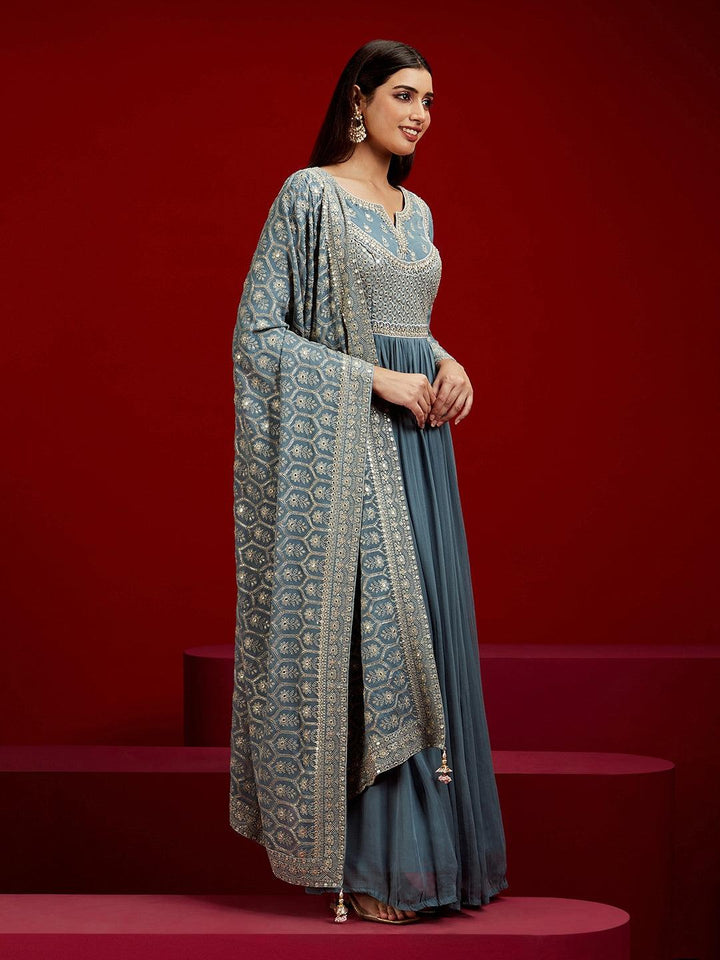 Libas Art Grey Yoke Design Georgette A-Line Kurta With Trousers & Dupatta - Libas