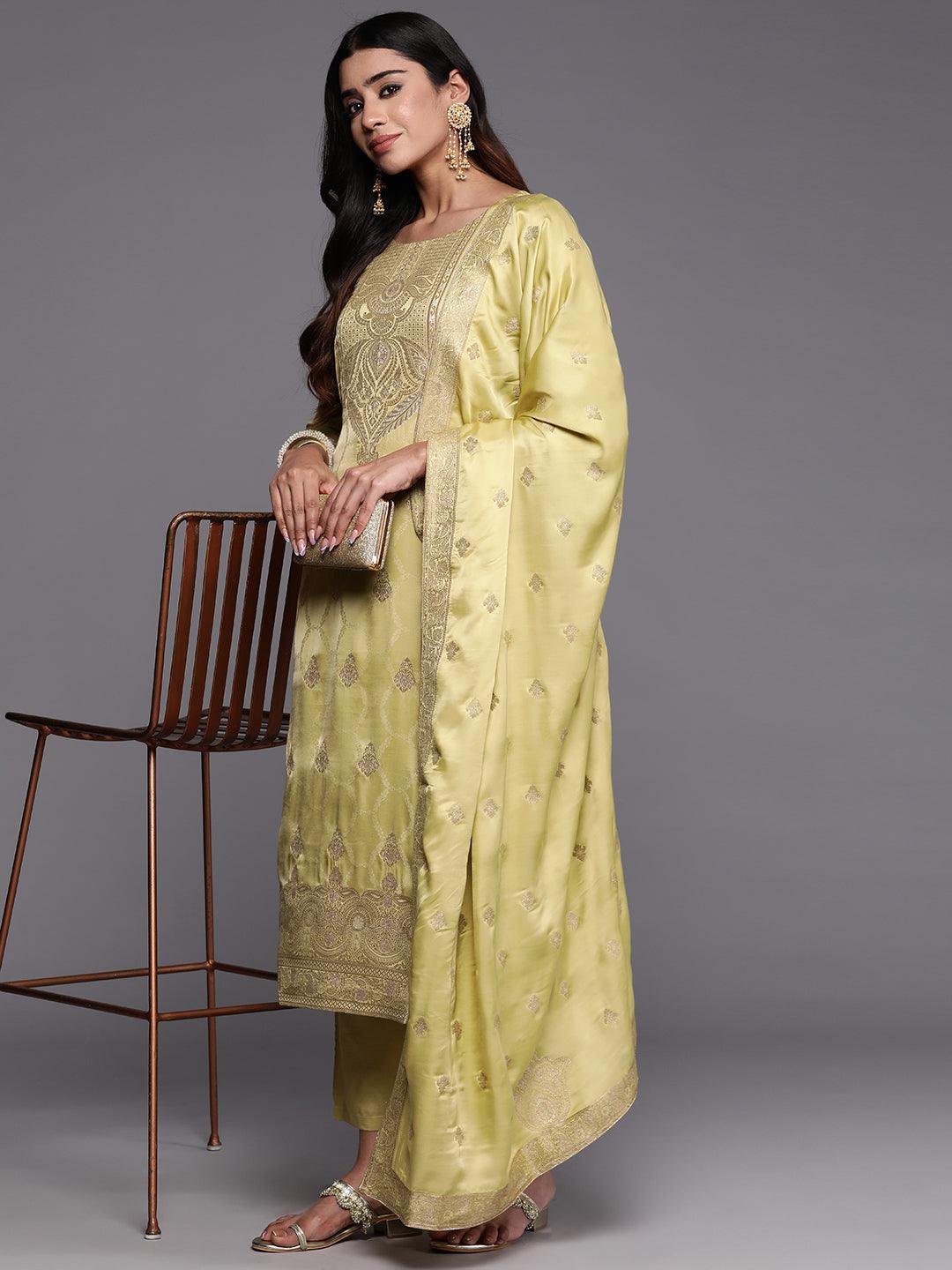 Libas Art Lime Green Woven Design Silk Straight Kurta With Trousers & Dupatta - Libas 