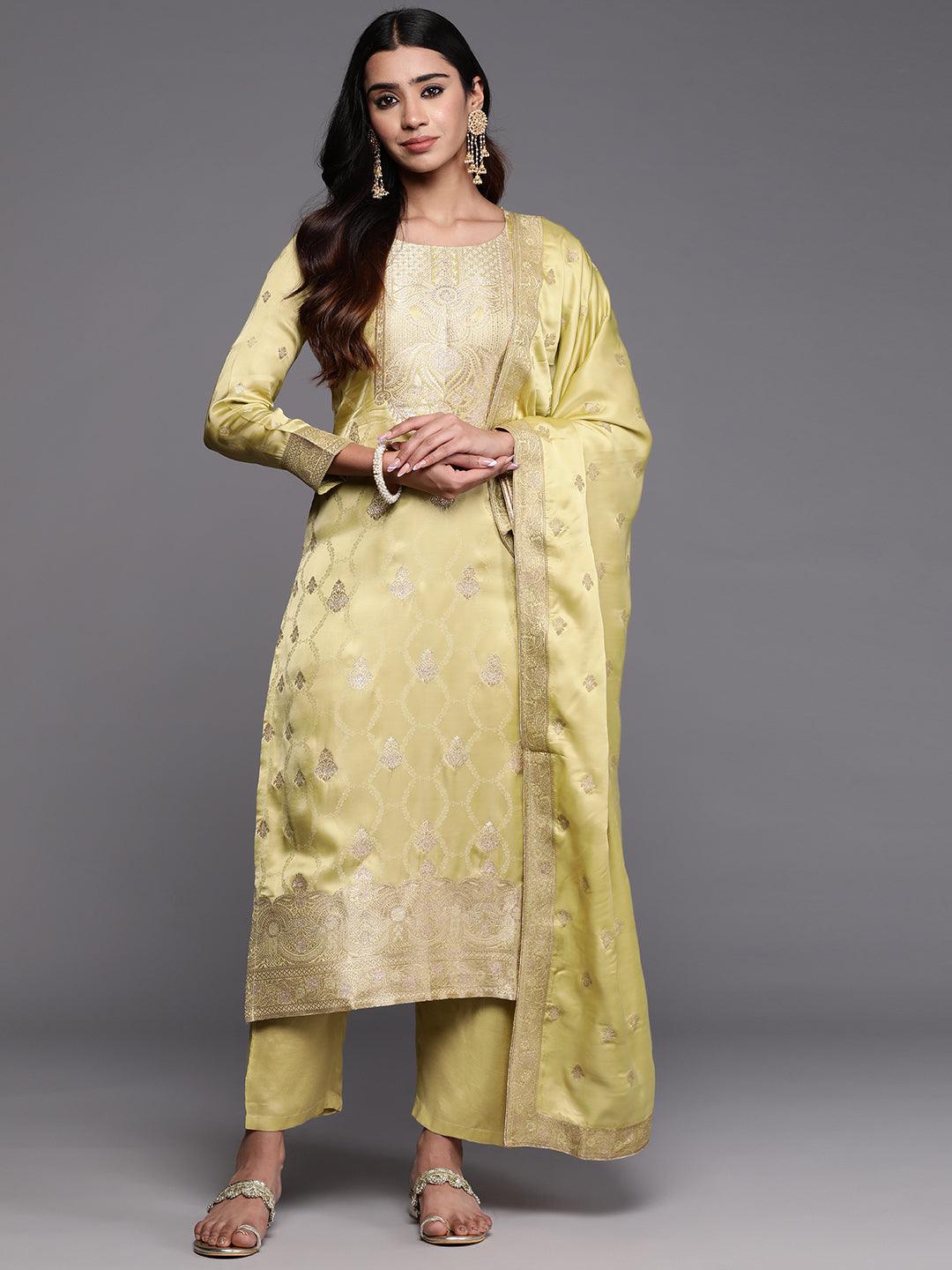 Libas Art Lime Green Woven Design Silk Straight Kurta With Trousers & Dupatta - Libas 