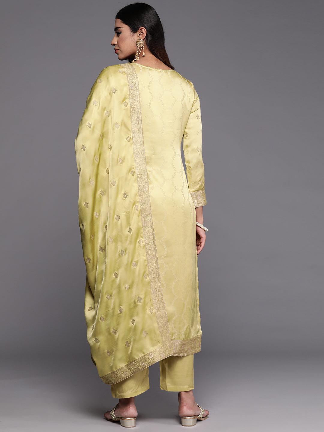 Libas Art Lime Green Woven Design Silk Straight Kurta With Trousers & Dupatta - Libas 