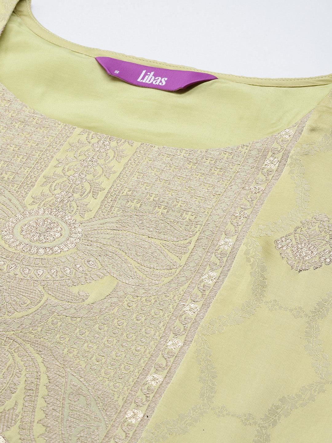 Libas Art Lime Green Woven Design Silk Straight Kurta With Trousers & Dupatta - Libas 