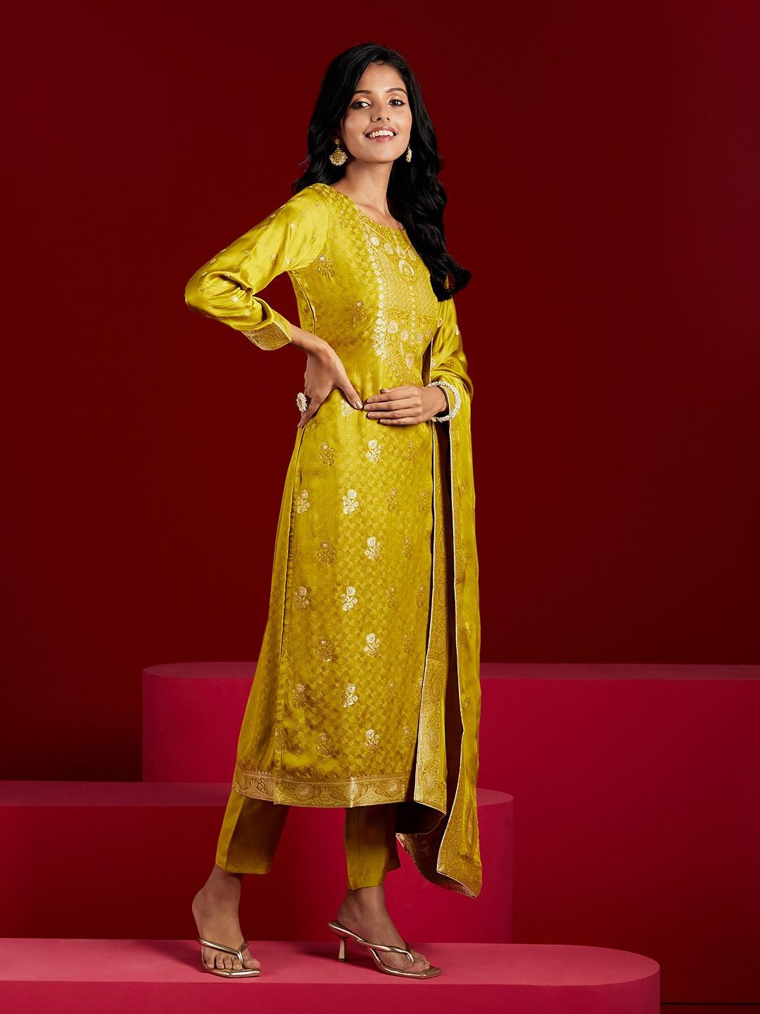 Libas Art Lime Woven Design Silk Straight Kurta With Trousers & Dupatta - Libas