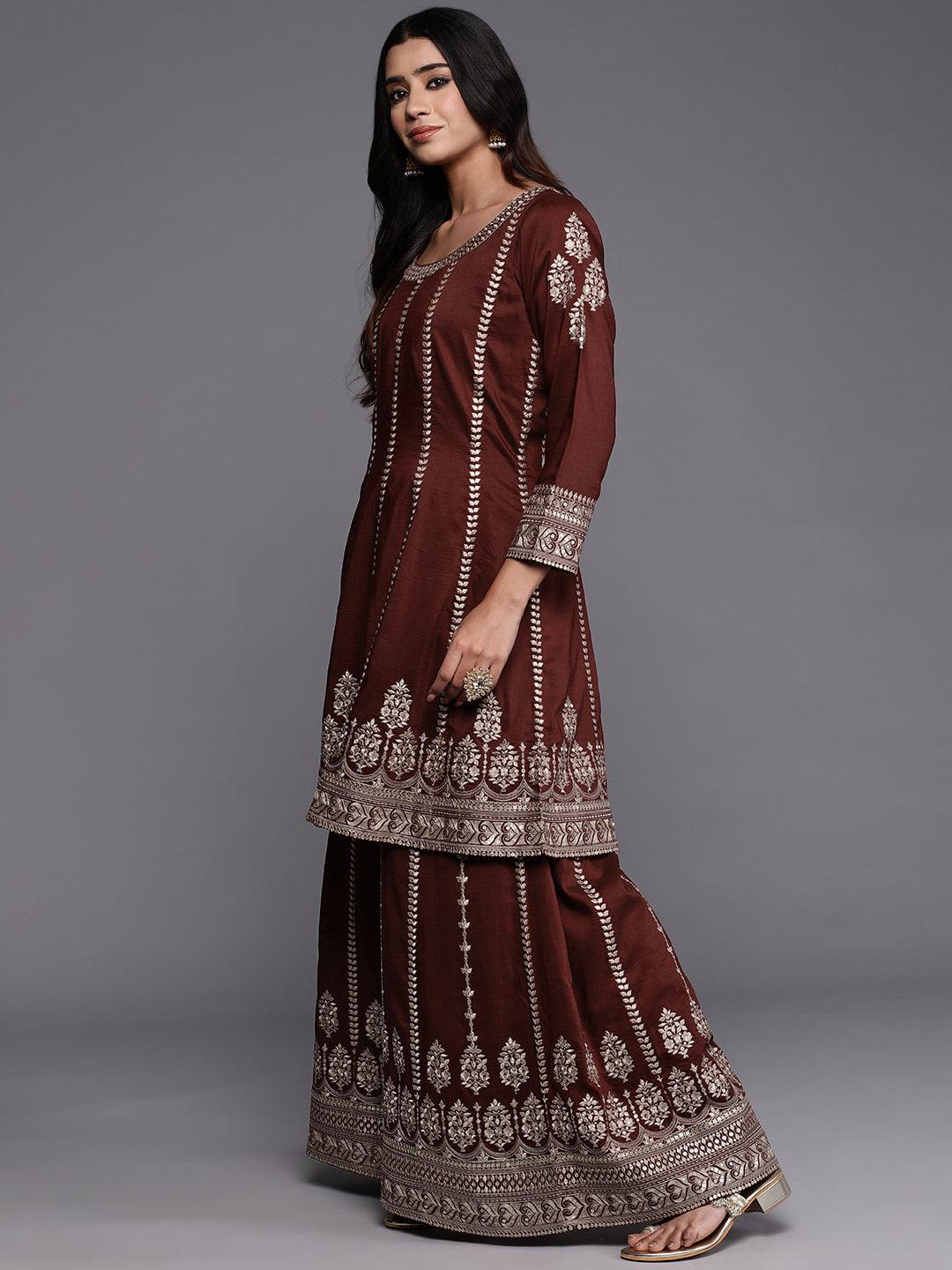 Libas Art Maroon Embroidered Silk Blend Anarkali Kurta With Palazzos & Dupatta - Libas 