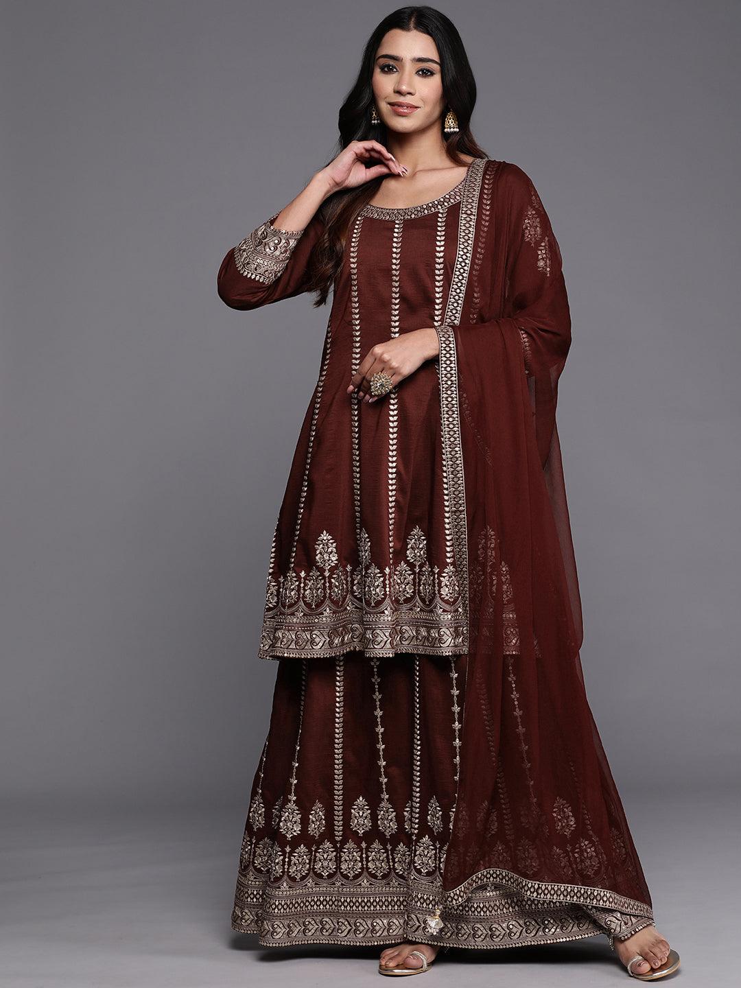 Libas Art Maroon Embroidered Silk Blend Anarkali Kurta With Palazzos & Dupatta - Libas 