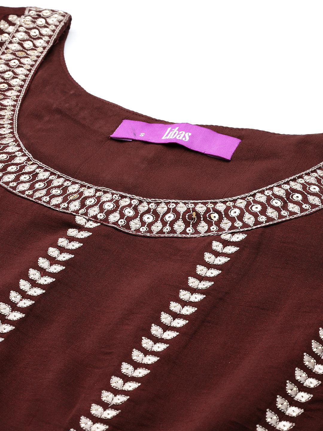 Libas Art Maroon Embroidered Silk Blend Anarkali Kurta With Palazzos & Dupatta - Libas 