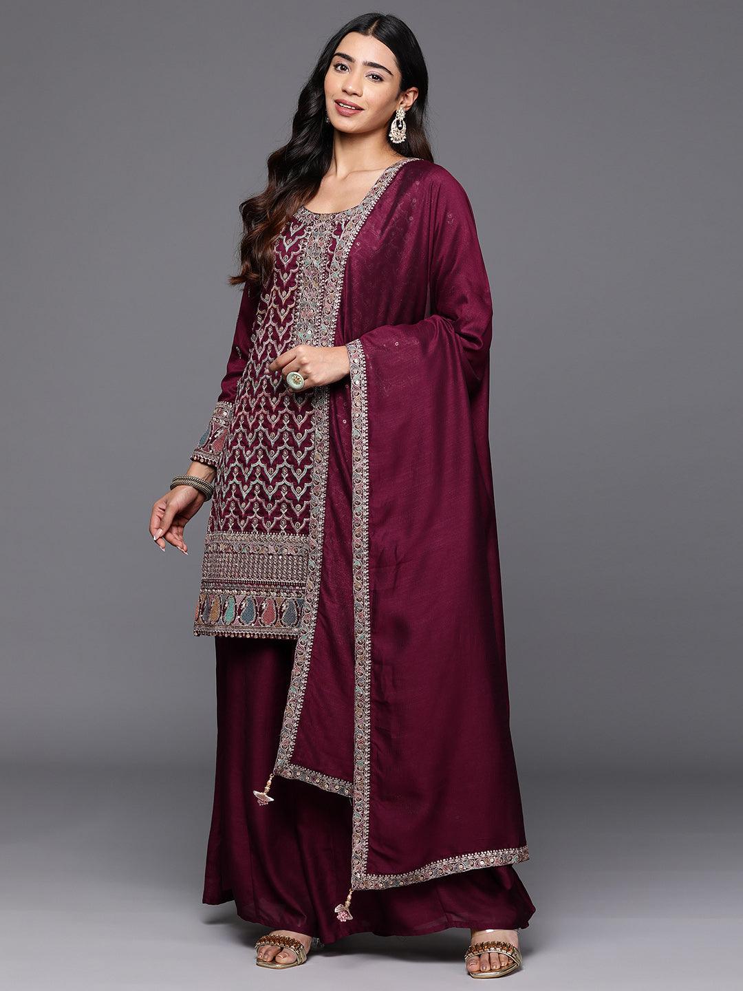 Libas Art Maroon Embroidered Silk Blend Straight Kurta With Palazzos & Dupatta - Libas 