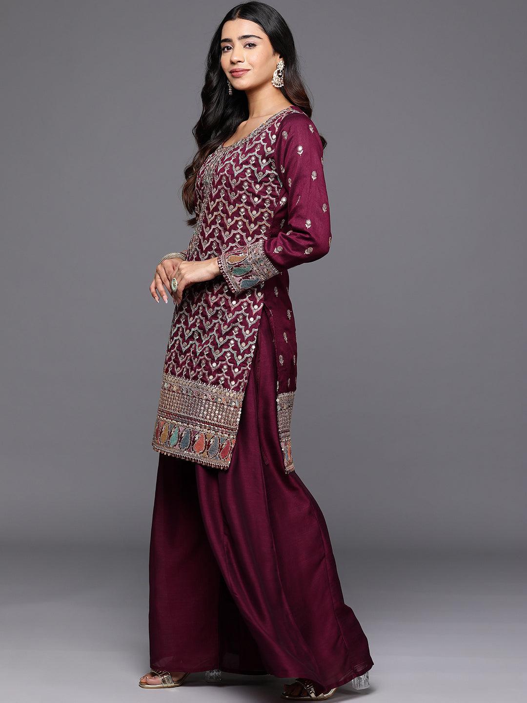 Libas Art Maroon Embroidered Silk Blend Straight Kurta With Palazzos & Dupatta - Libas 