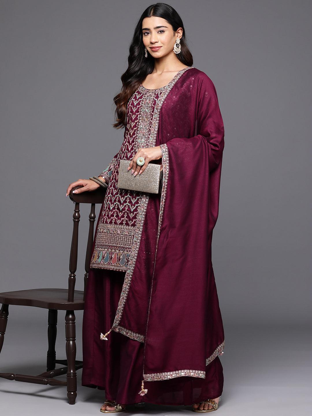 Libas Art Maroon Embroidered Silk Blend Straight Kurta With Palazzos & Dupatta - Libas 