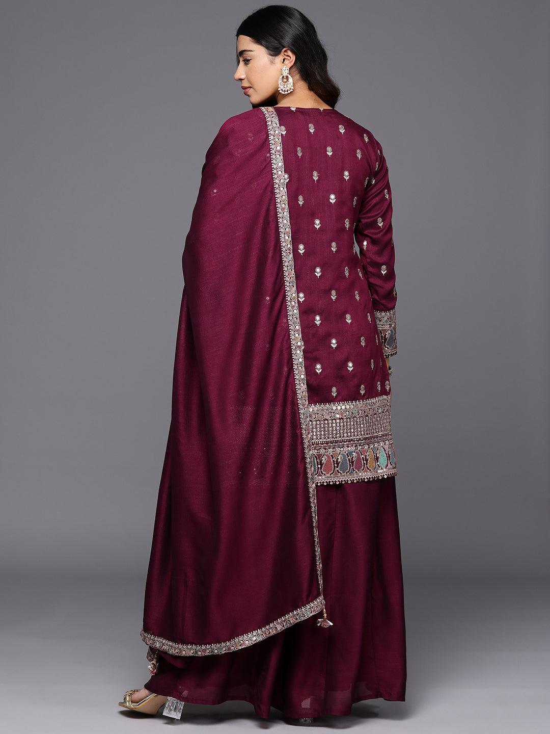 Libas Art Maroon Embroidered Silk Blend Straight Kurta With Palazzos & Dupatta - Libas 