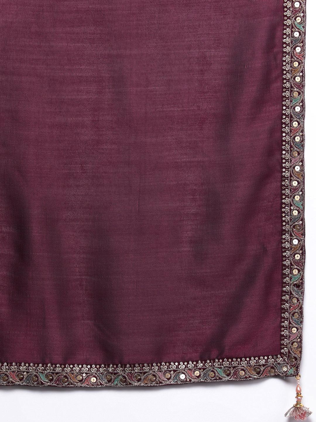 Libas Art Maroon Embroidered Silk Blend Straight Kurta With Palazzos & Dupatta - Libas 