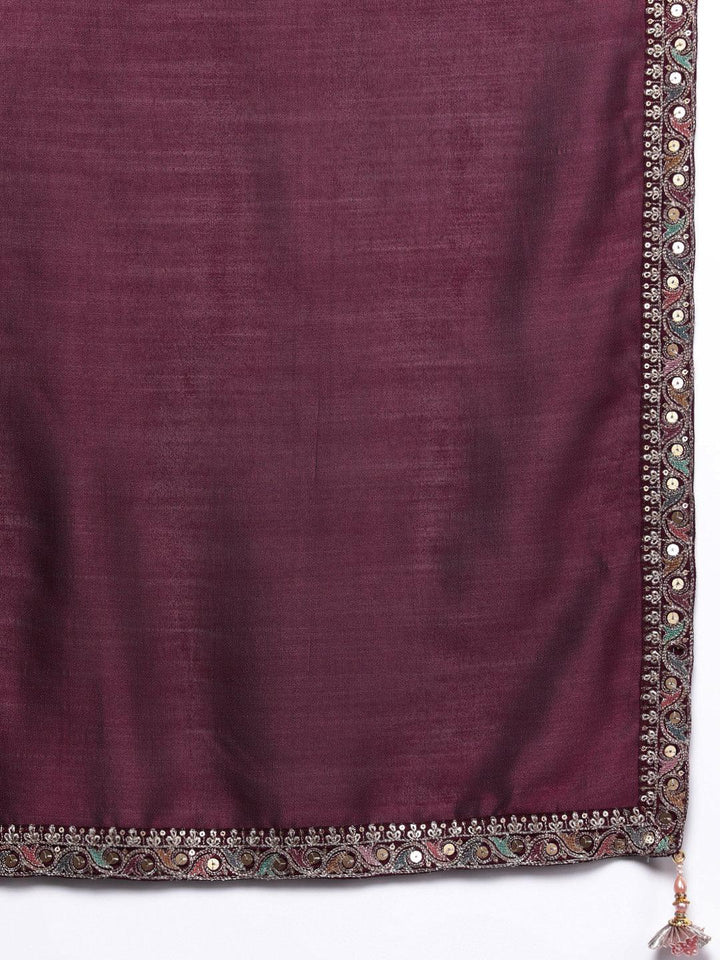 Libas Art Maroon Embroidered Silk Blend Straight Kurta With Palazzos & Dupatta - Libas