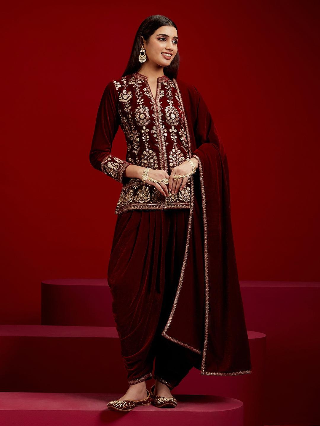 Libas Art Maroon Embroidered Velvet Straight Kurti With Dhoti Pants & Dupatta - Libas