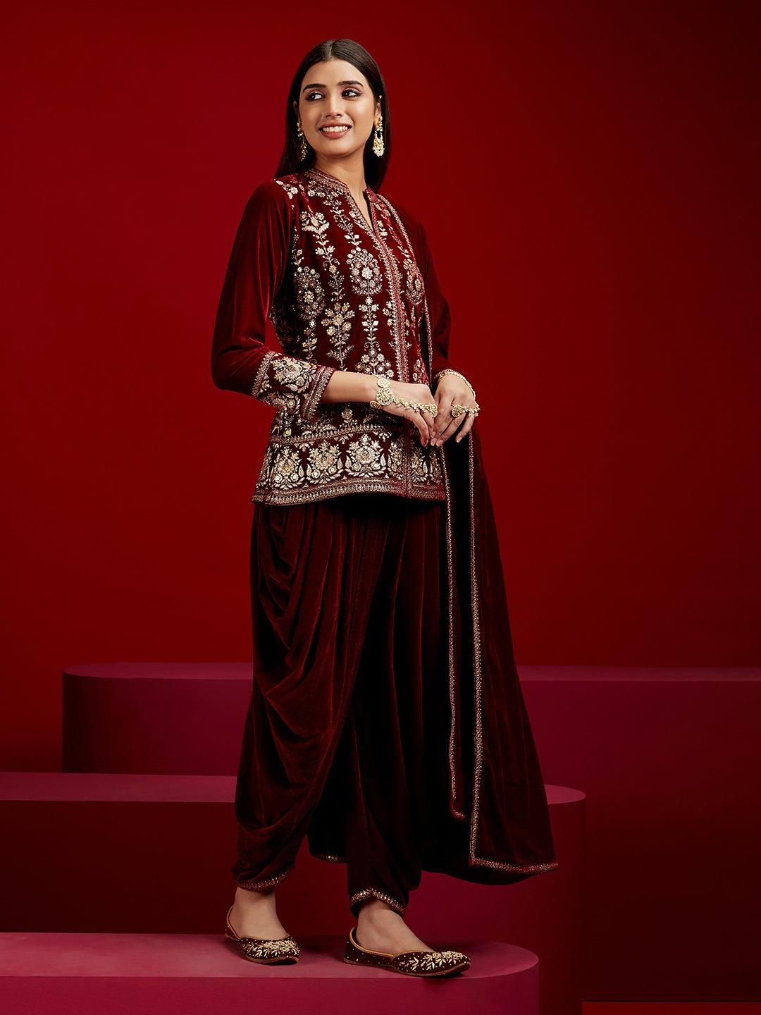 Libas Art Maroon Embroidered Velvet Straight Kurti With Dhoti Pants & Dupatta - Libas