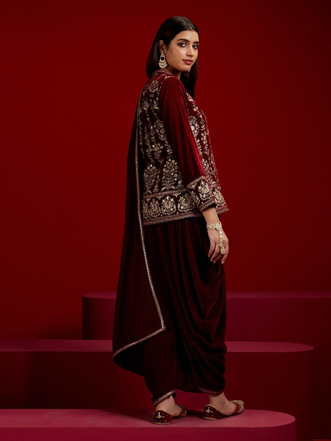 Libas Art Maroon Embroidered Velvet Straight Kurti With Dhoti Pants & Dupatta - Libas