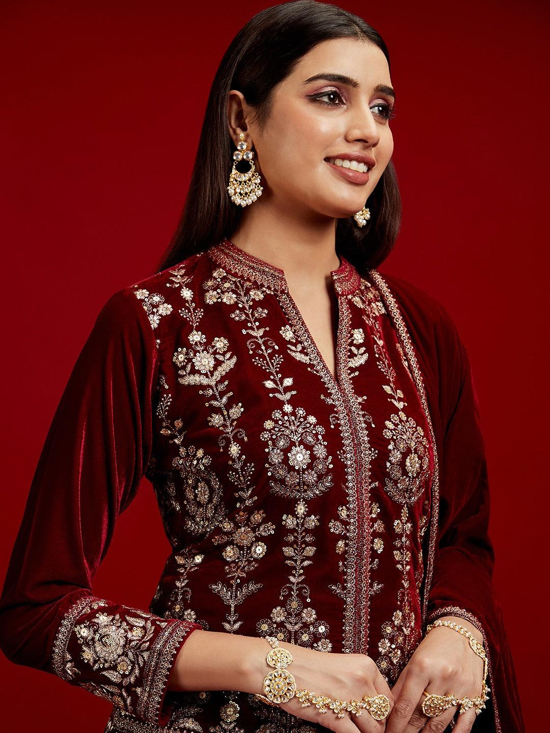 Libas Art Maroon Embroidered Velvet Straight Kurti With Dhoti Pants & Dupatta - Libas