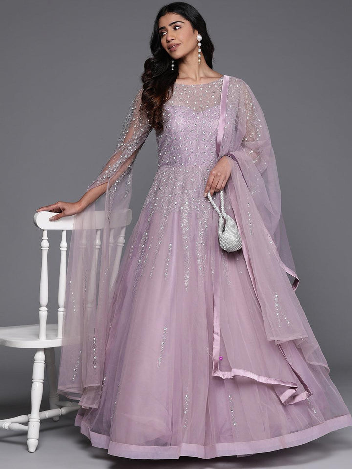 Libas Art Mauve Embellished Polyester Gown With Dupatta - Libas