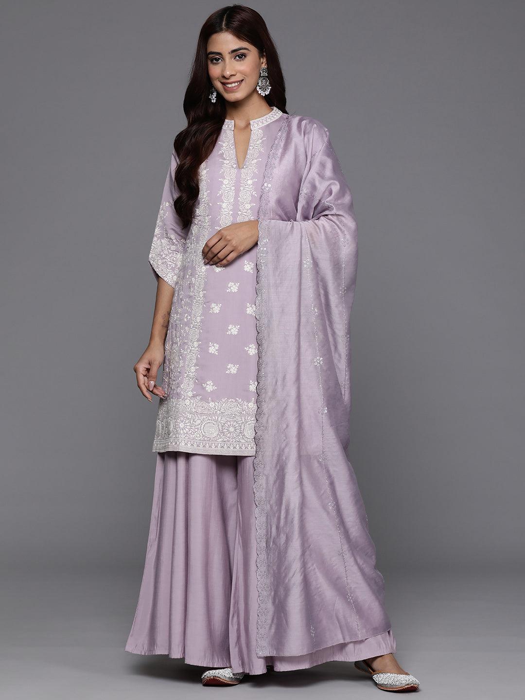 Libas Art Mauve Embroidered Silk Blend Straight Kurta With Palazzos & Dupatta - Libas 