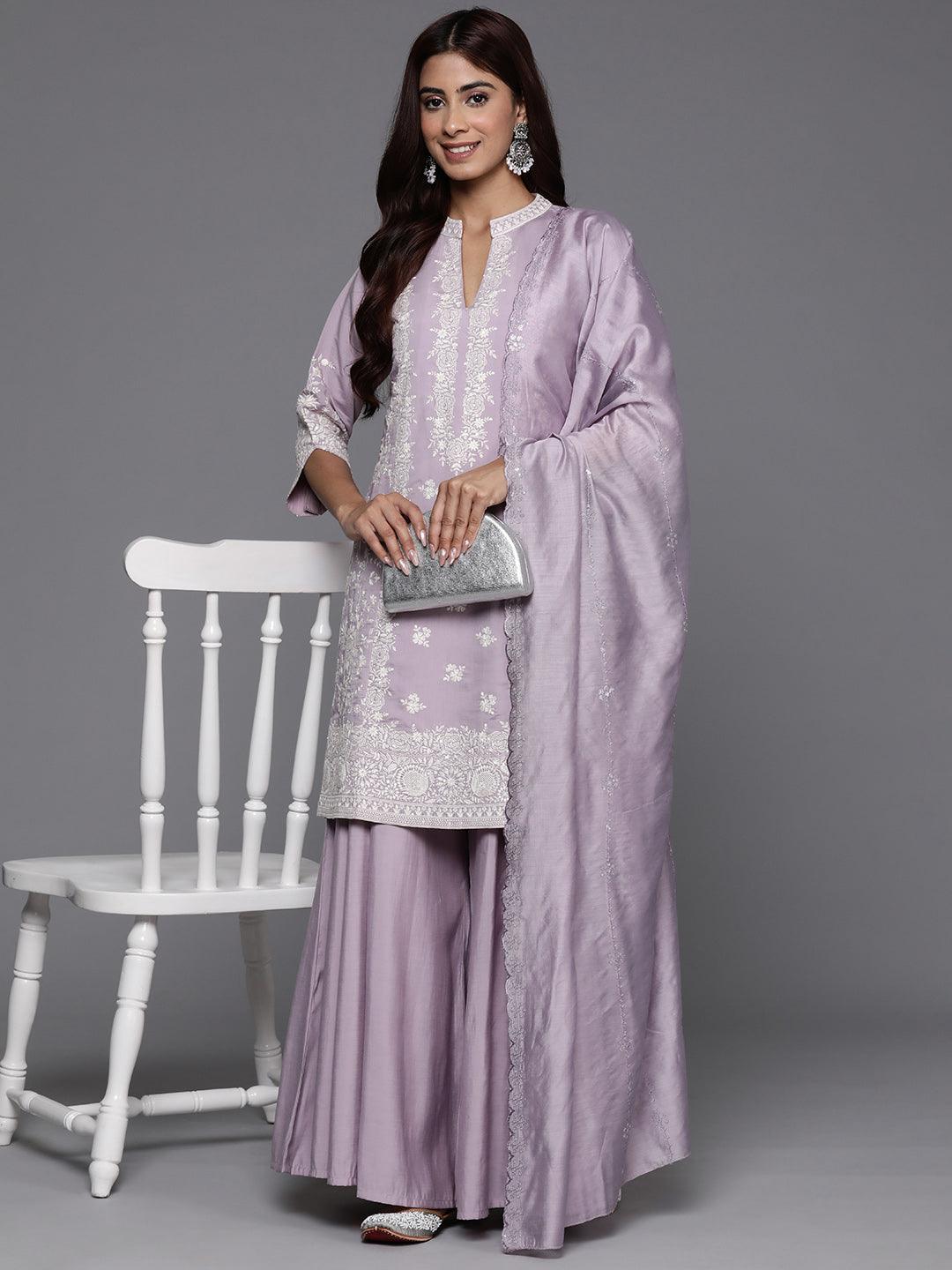 Libas Art Mauve Embroidered Silk Blend Straight Kurta With Palazzos & Dupatta - Libas 