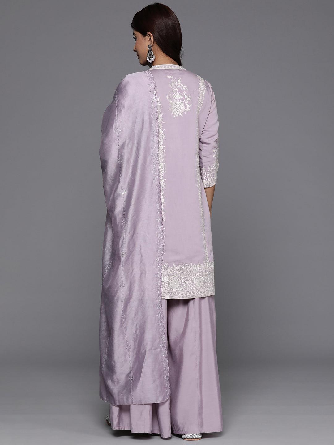 Libas Art Mauve Embroidered Silk Blend Straight Kurta With Palazzos & Dupatta - Libas 