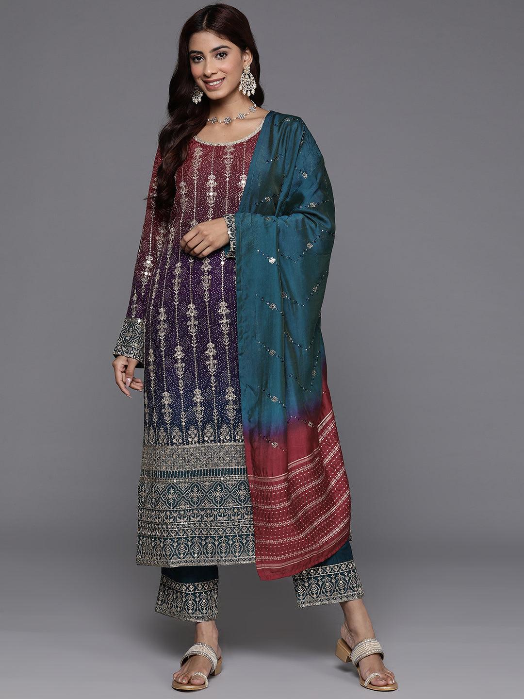 Libas Art Multi Embroidered Georgette Straight Kurta With Trousers & Dupatta - Libas 