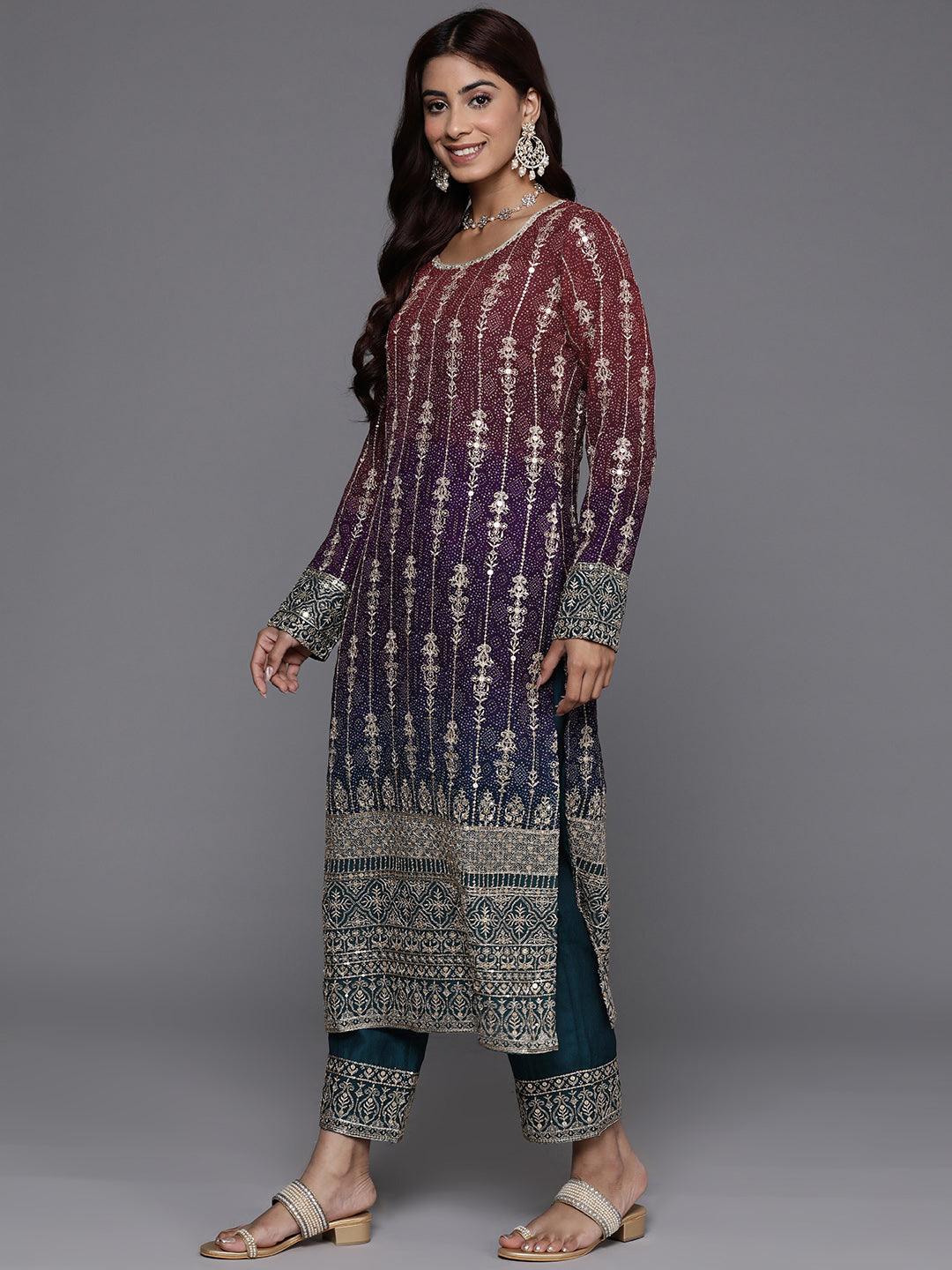 Libas Art Multi Embroidered Georgette Straight Kurta With Trousers & Dupatta - Libas 