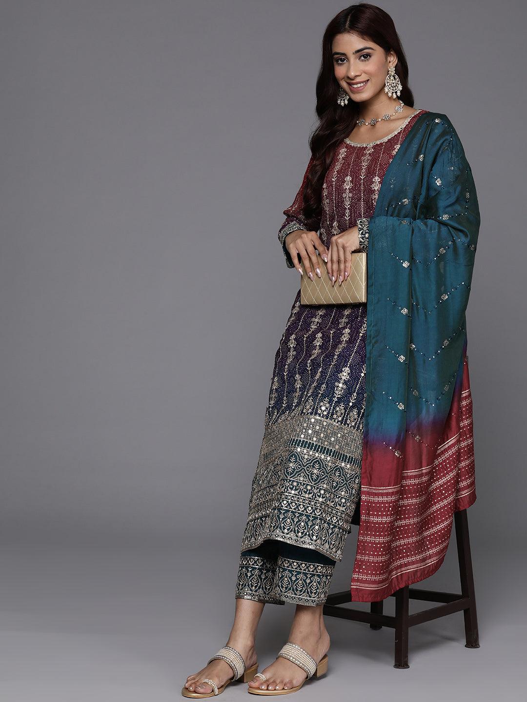 Libas Art Multi Embroidered Georgette Straight Kurta With Trousers & Dupatta - Libas