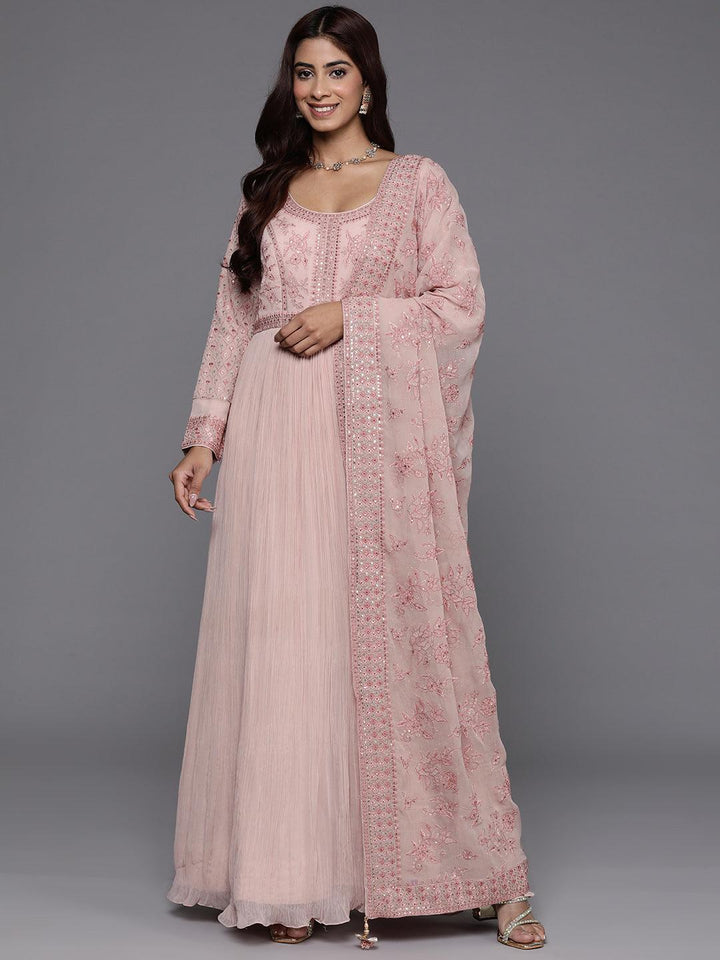 Libas Art Peach Embroidered Georgette Anarkali Kurta With Trousers & Dupatta - Libas