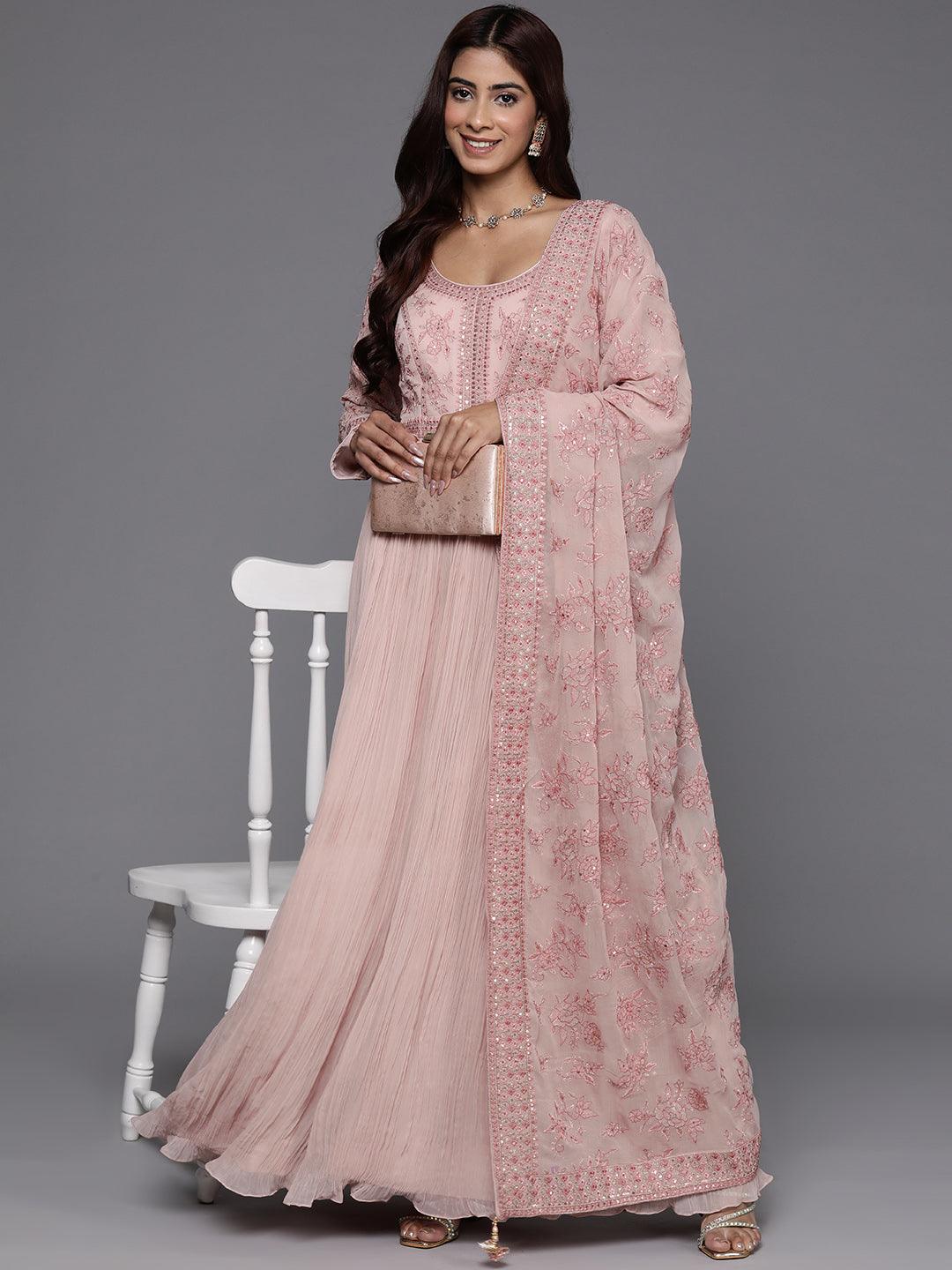 Libas Art Peach Embroidered Georgette Anarkali Kurta With Trousers & Dupatta - Libas 