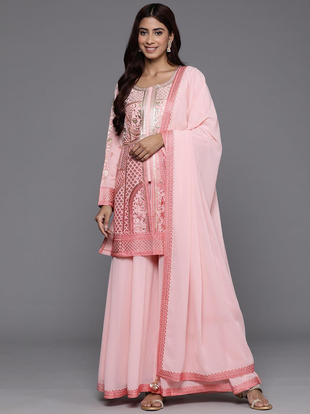 Libas Art Peach Embroidered Georgette Straight Kurta With Palazzos & Dupatta - Libas 