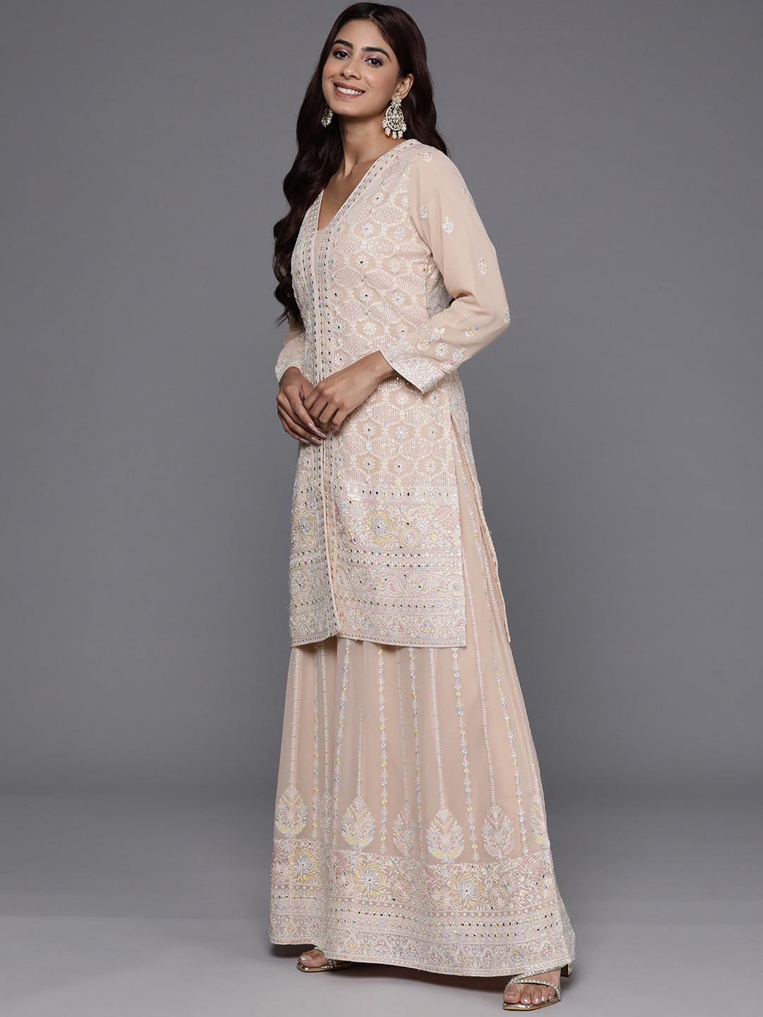 Libas Art Peach Embroidered Georgette Straight Kurta With Palazzos & Dupatta - Libas