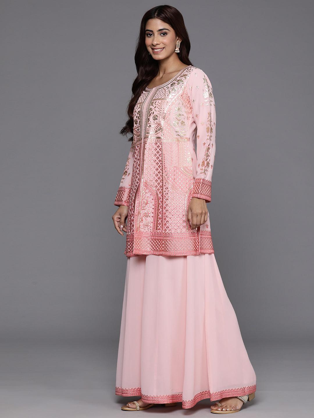 Libas Art Peach Embroidered Georgette Straight Kurta With Palazzos & Dupatta - Libas 