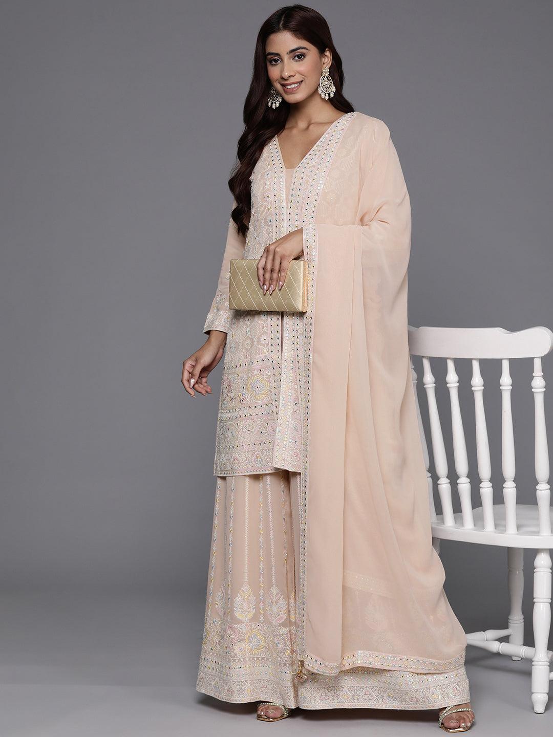 Libas Art Peach Embroidered Georgette Straight Kurta With Palazzos & Dupatta - Libas 