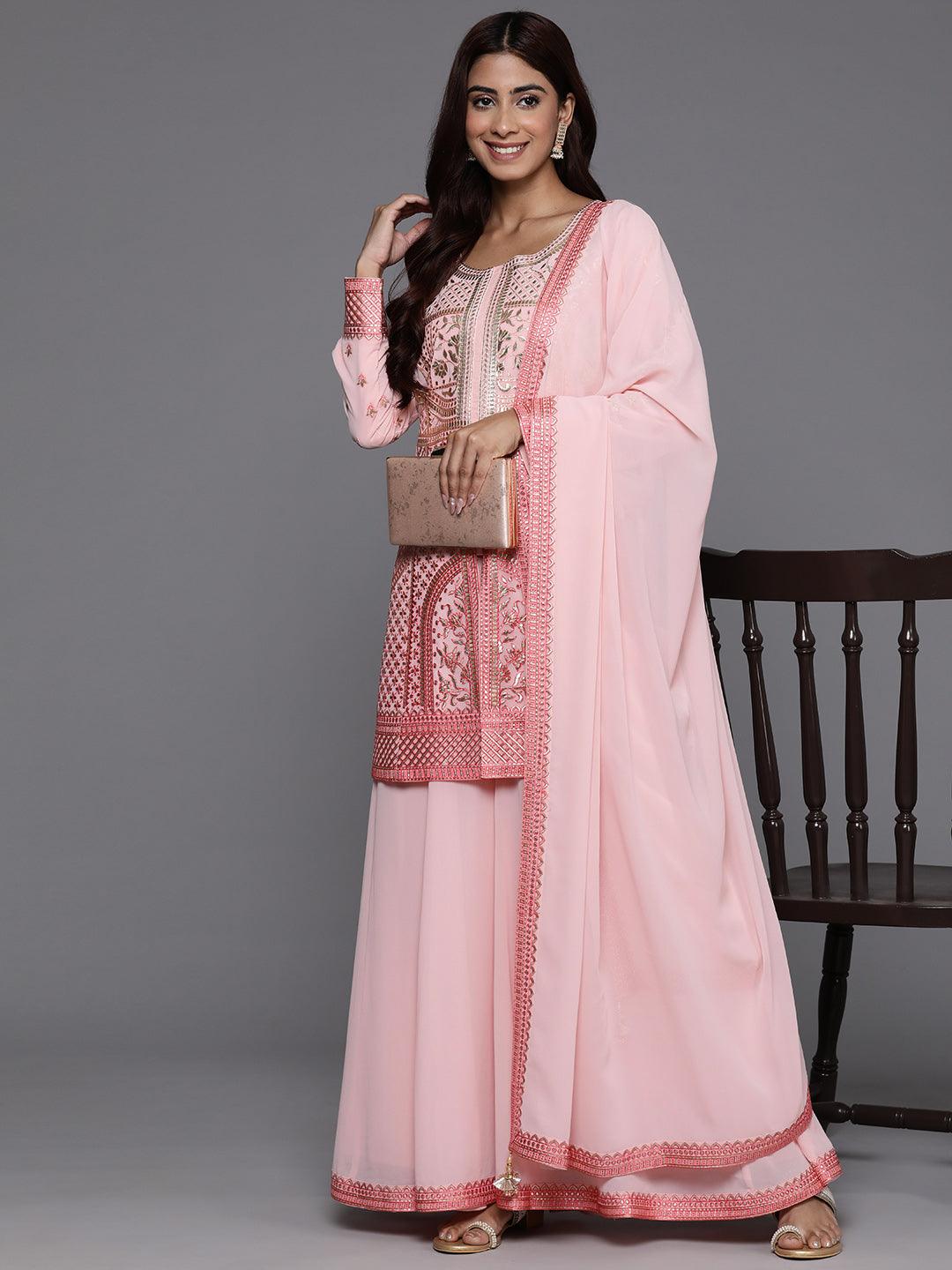 Libas Art Peach Embroidered Georgette Straight Kurta With Palazzos & Dupatta - Libas