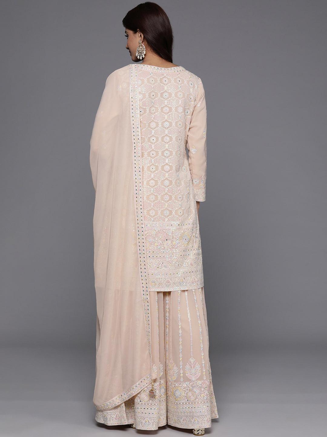 Libas Art Peach Embroidered Georgette Straight Kurta With Palazzos & Dupatta - Libas