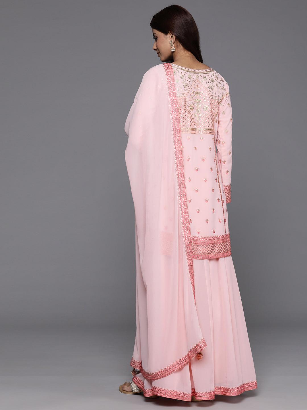 Libas Art Peach Embroidered Georgette Straight Kurta With Palazzos & Dupatta - Libas 