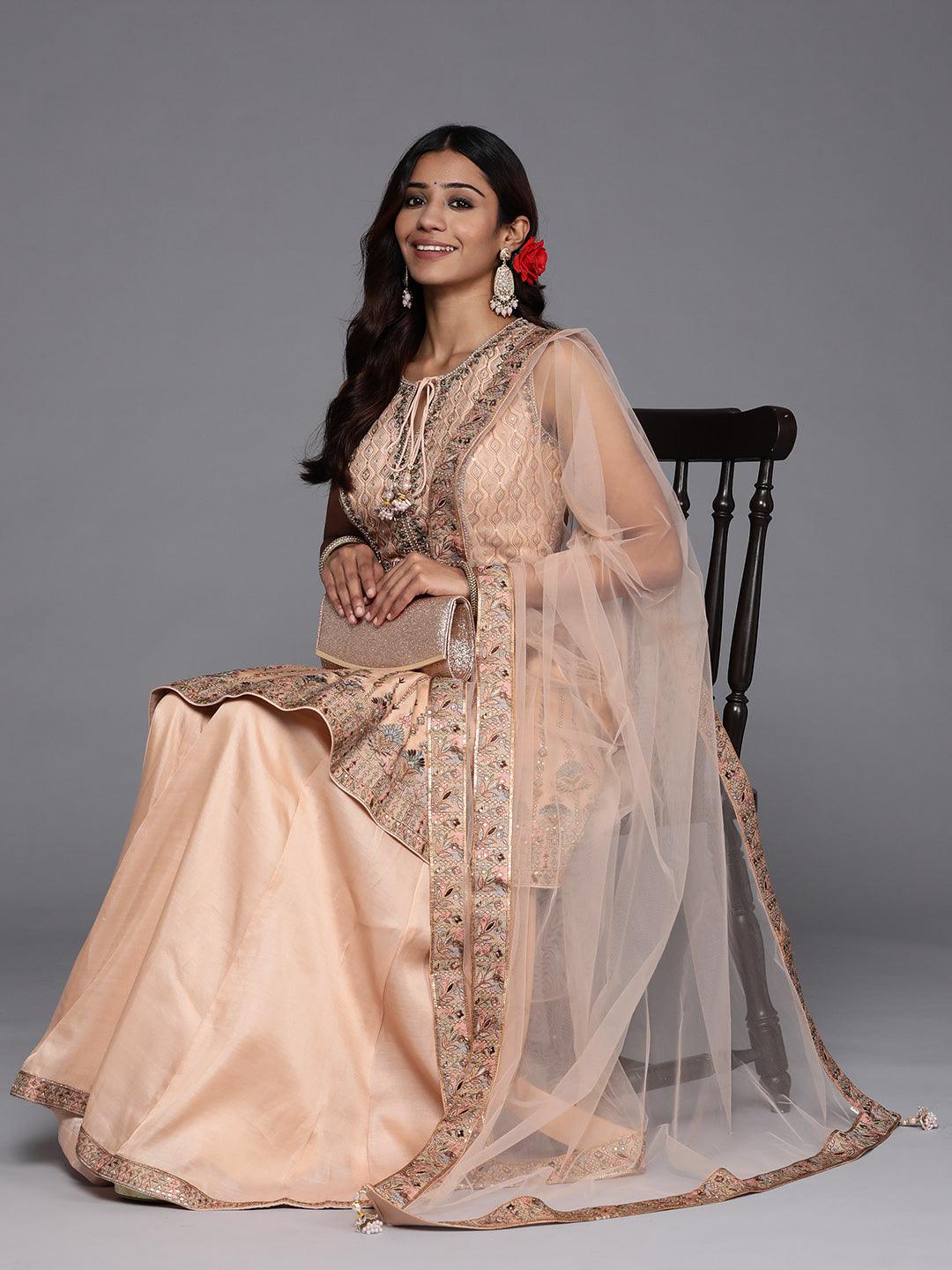 Libas Art Peach Embroidered Silk Anarkali Suit Set - Libas 